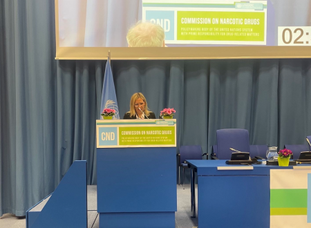 GD Vesna Marinko na Komisiji OZN za droge stoji za govorniškim pultom.