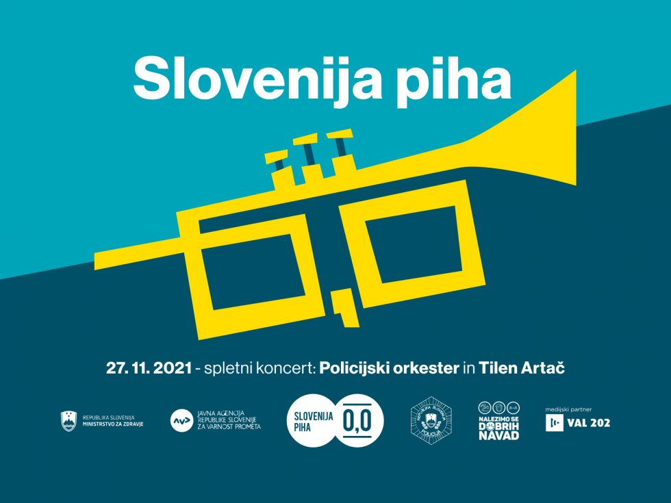 Pasica "Slovenija piha 00" s stilizirano trobento in datumom koncerta.