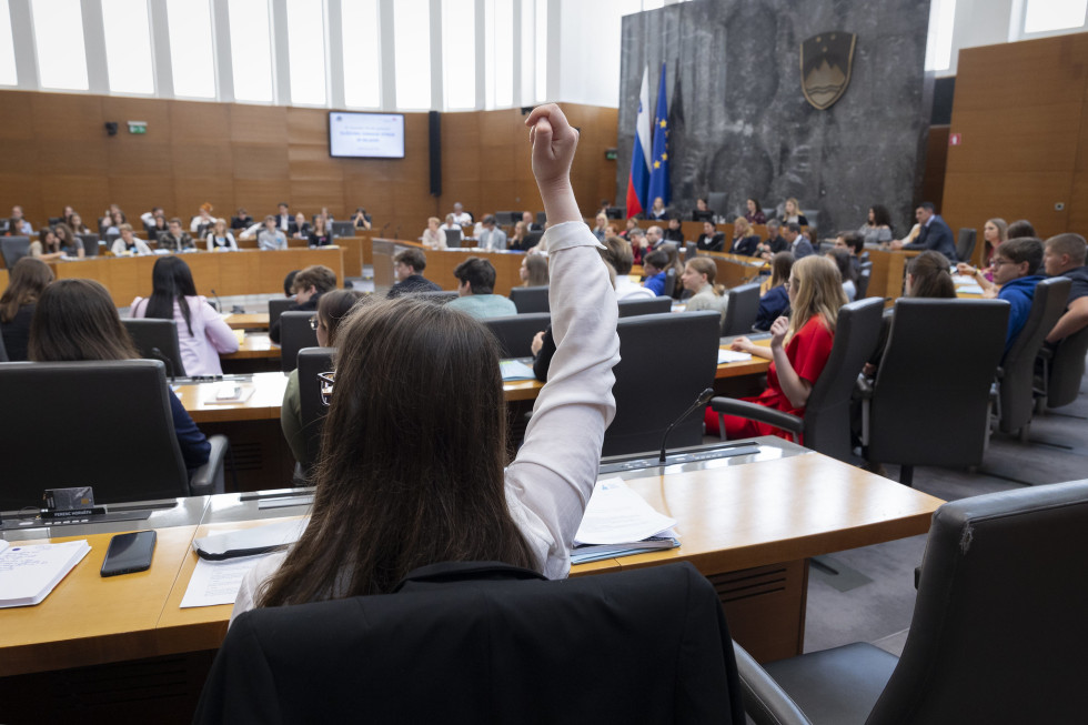 V dvorani sedijo otroci v več vrstah. V ospredju je dekle z dolgimi temnimi lasmi, obrnjena stran od objektiva, ima dvignjeno roko. Na desni strani dvorane je siv grb Republike Slovenije, zraven pa zastava Slovenije in zastava Evropske unije. 