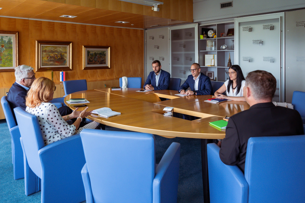 Minister s predstavniki ministrstva in gospodarske zbornice sedi v sejni sobi.