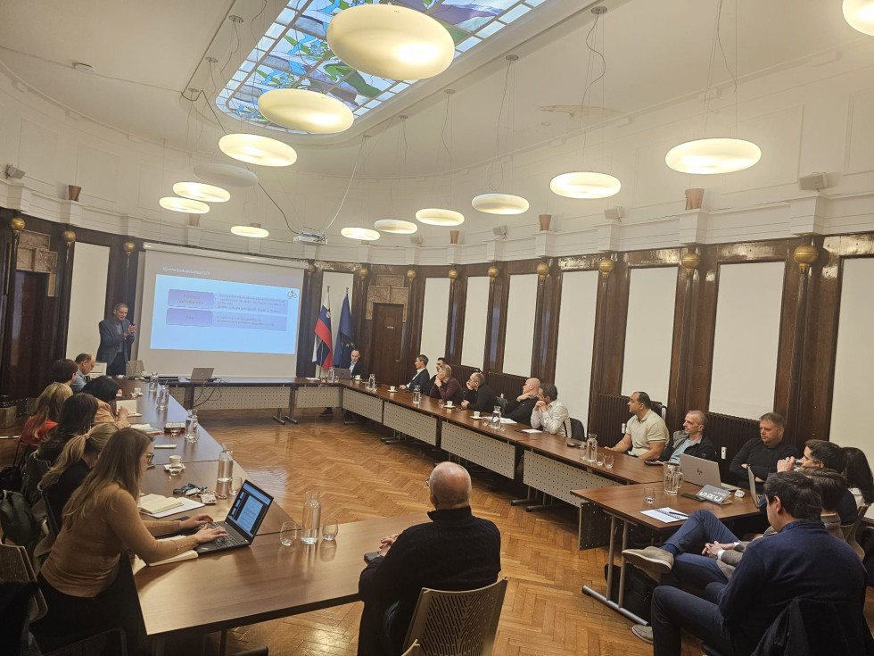 Delovna skupina sedi v veliki sejni sobi Ministrstva za zdravje. 