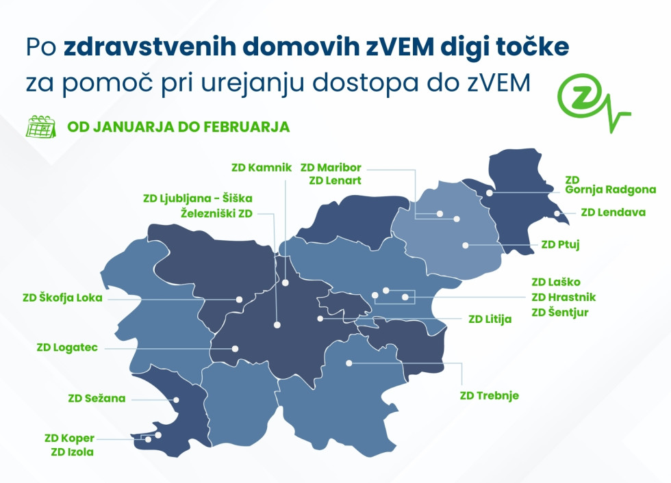 Zemljevid Slovenije z označenimi zVEM digi točkami