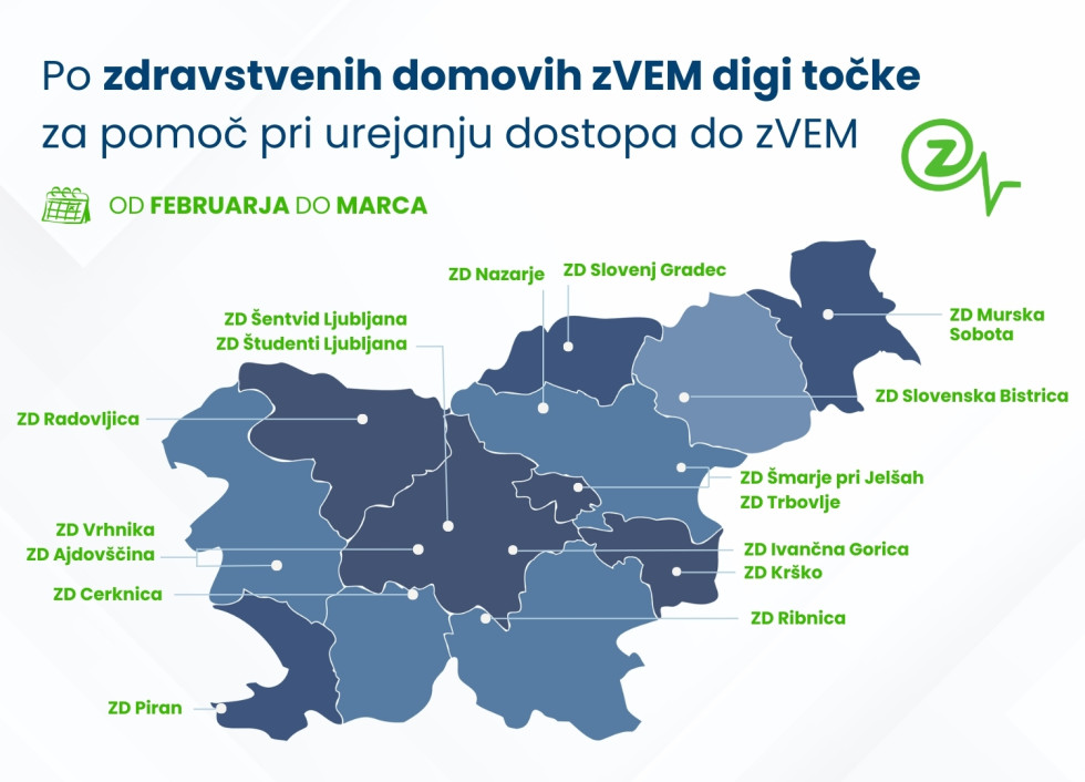 Grafični zemljevid Slovenije, na katerem so označene točke krajev, kjer se odpirajo zVEM digi tičke.