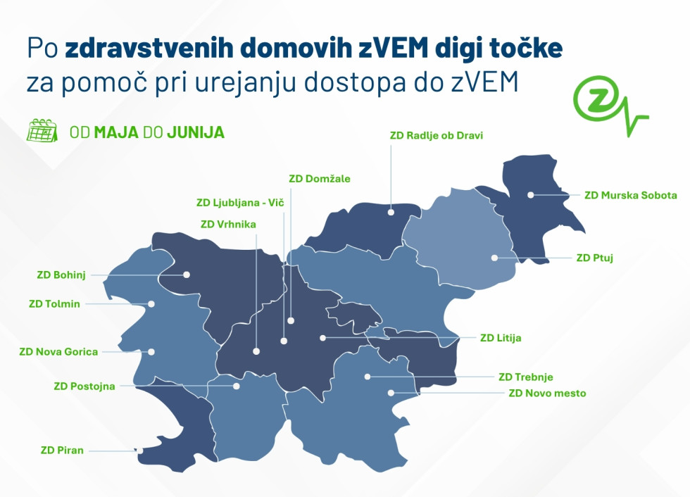 Zemljevid Slovenije z označenimi kraji, kjer se odpirajo nove zVEM digi točke.