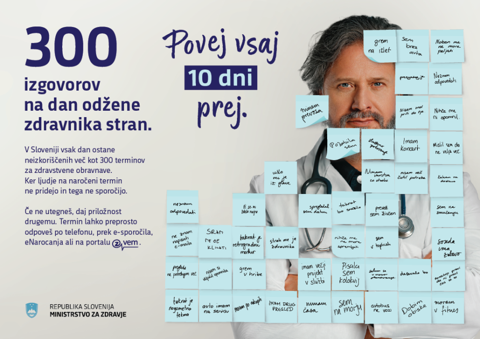 Infografika na kateri je napis: 300 izgovorov na dan odžene zdravnika stran. Povej vsaj 10 dni prej.