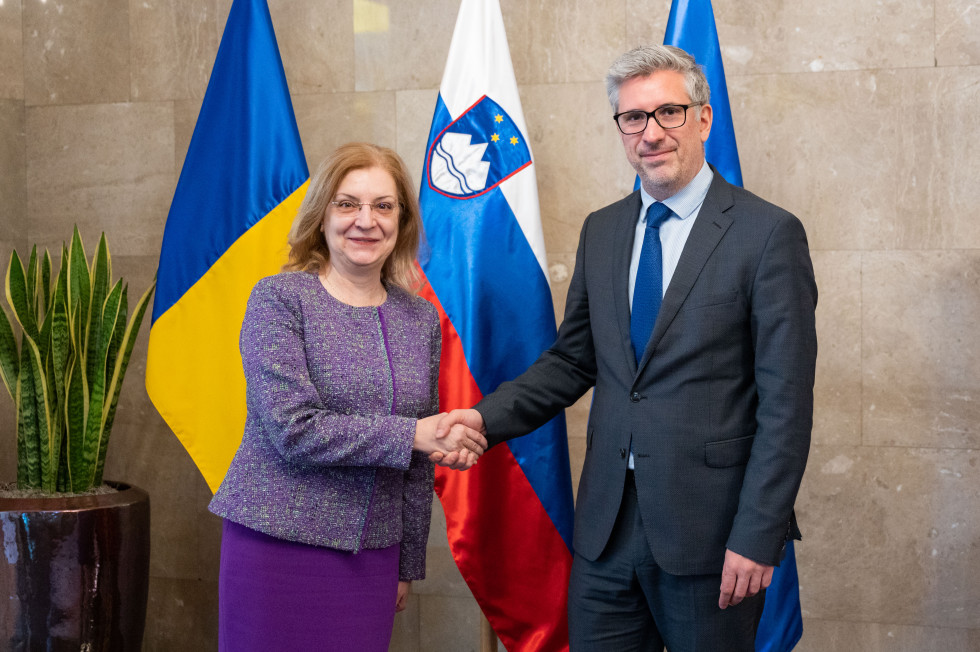 Državni sekretar Marko Štucin z državno sekretarko za evropske zadeve Romunije Danielo Gîtman med rokovanjem