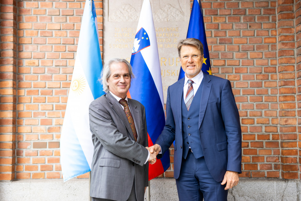 State Secretary Samuel Žbogar and Deputy Foreign Minister of Argentina Pablo Anselmo Tettamanti shaking hands in front of the flags