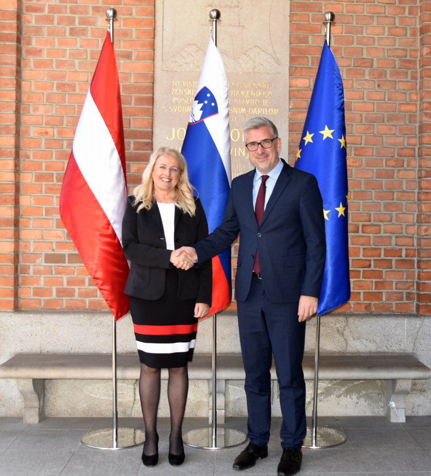 Claudia Arpa, državni sekretar Marko Štucin, rokovanje pred zastavami