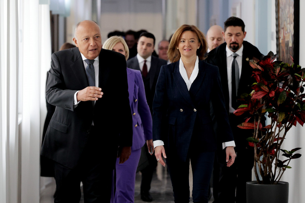 ministrica Fajon in minister Egipta Šukri hodita po hodniku