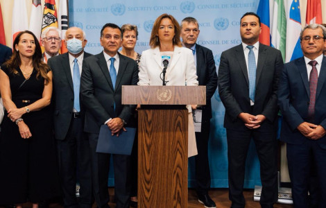 450491373 8437680282926307 6649905963814286467 n (minister Fajon speaking at press conferenc, infront microphon, behind other countires delegates)