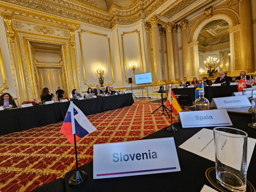 Slika tablice Slovenija z zastavo v prostoru zasedanja