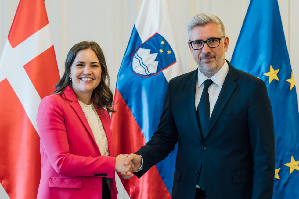Ženska in moški se rokujeta pred zastavami