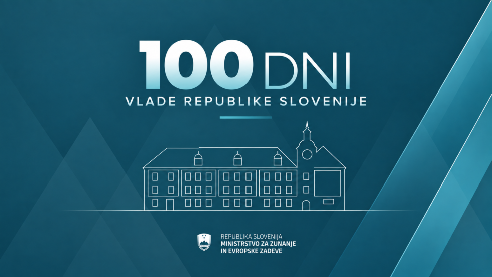 grafika z napisom 100 dni Vlade Republike Slovenije, na sliki silhueta stavbe zunanjega ministrstva