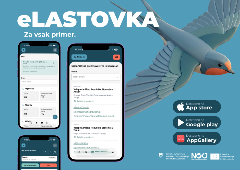 Logotip aplikacije in prikaz posneka zaslona na telefonu, poleg informacije o tem, kje se aplikacijo naloži in ključni logotipi institucij