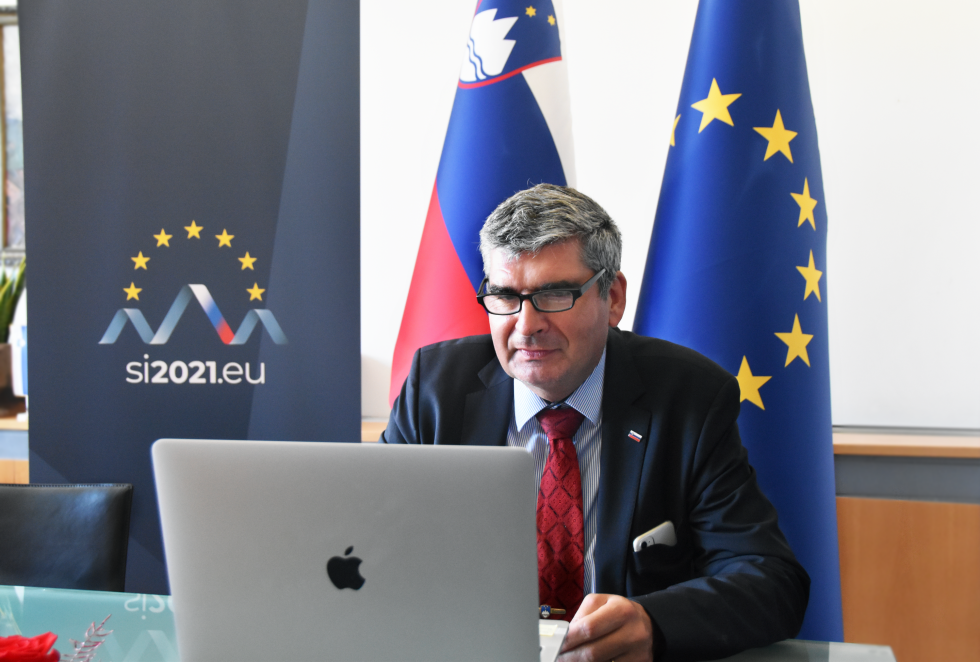 State secretary by computer screen, flags behind