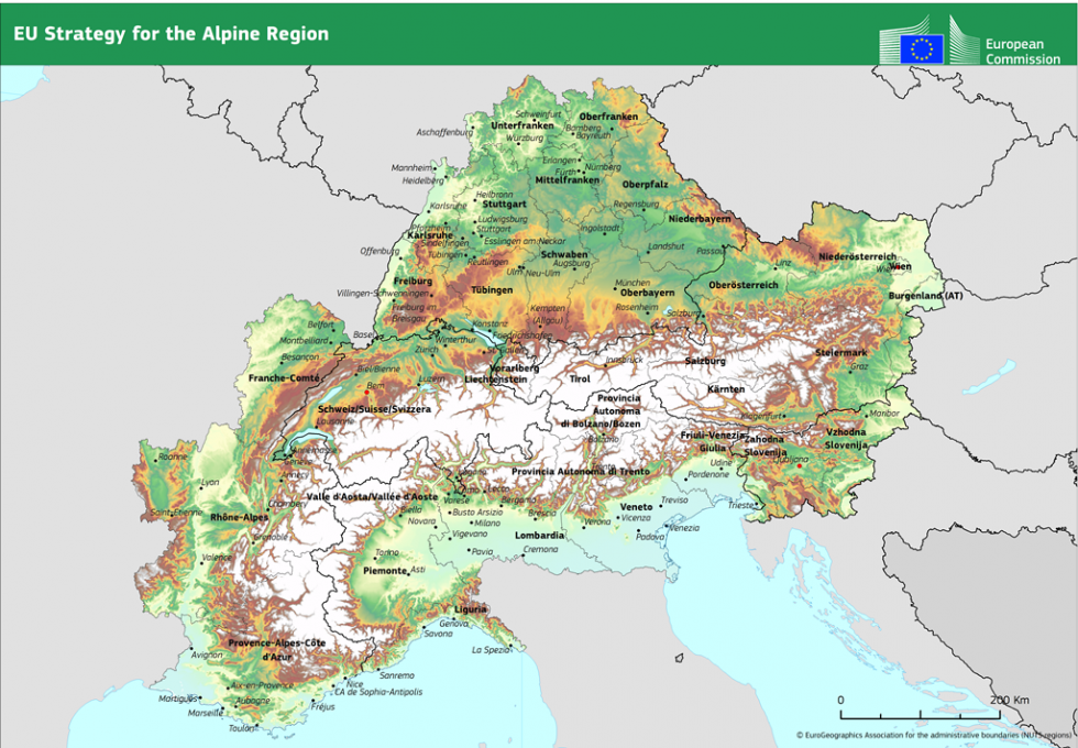 Zemljevid področja Strategije EU za Alpsko regijo
