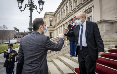 pozdrav pred prihodom (Ministers for Foreign Affairs of Slovenia and France, standing on the stairss, greeting)