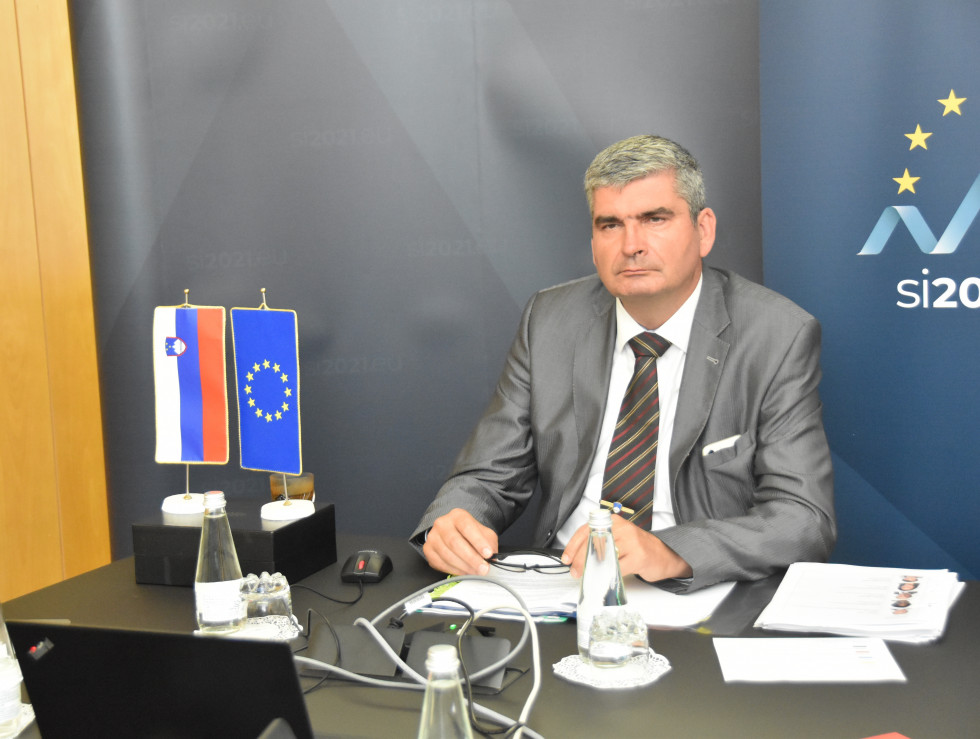 looking at computer screen, flags on the table