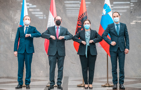 vsi skupaj z zunanjo ministrico (standing with flags behind, elbow hello)
