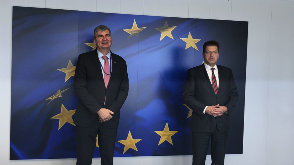 State Secretary Raščan and Commissioner Lenarčič standing informt of EU flag