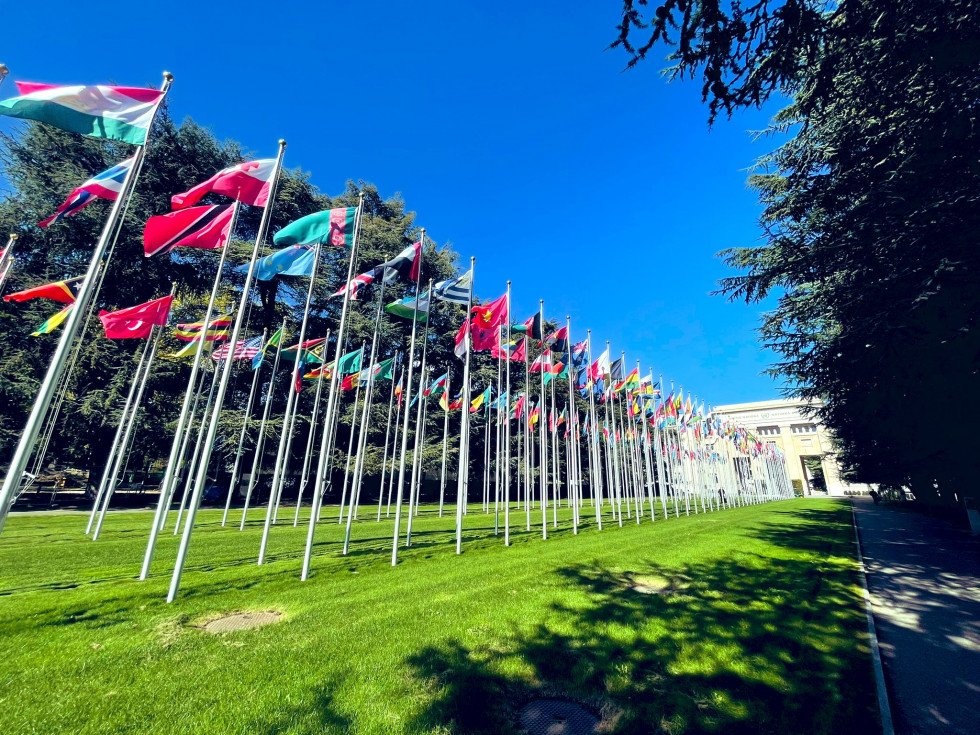 flags in front of the headquarters of the UN