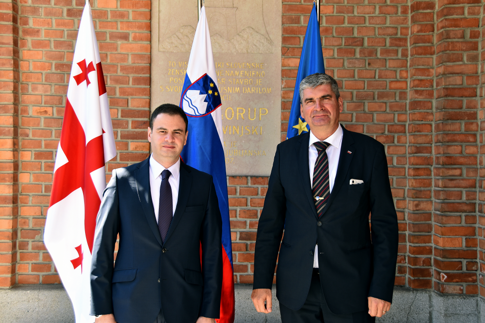 in front of flags, at the ministry's protocol entrance