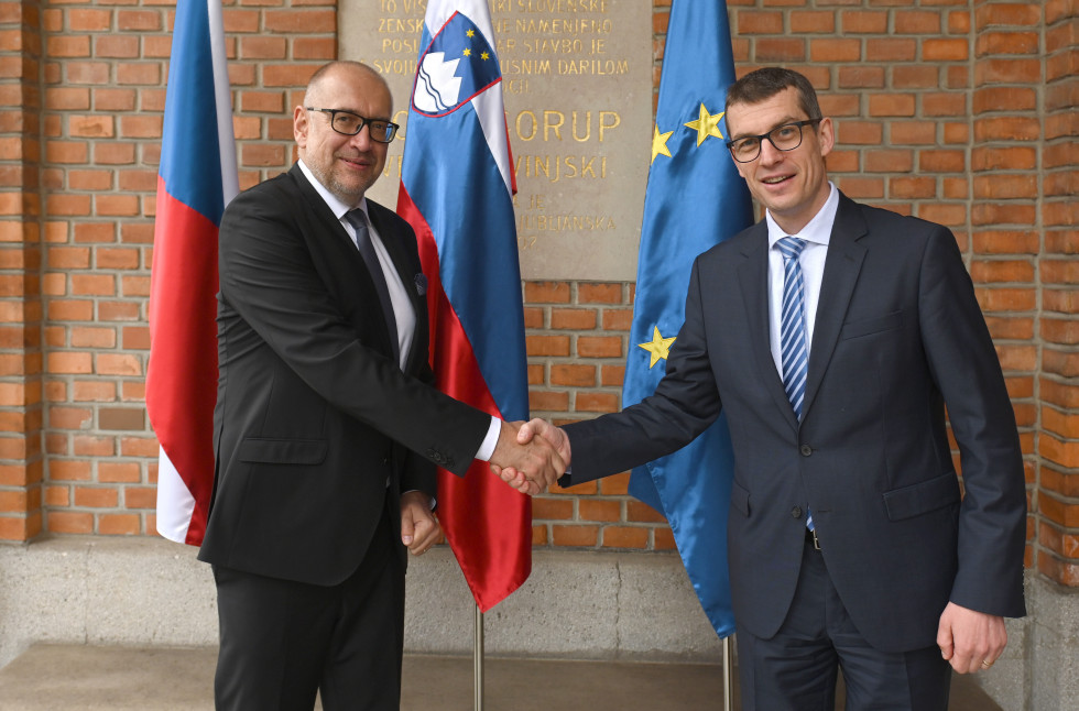 Rokovanje državnega sekretarja Gašperja Dovžana in češkega ministra za evropske zadeve Beka, stojita pred zastavami