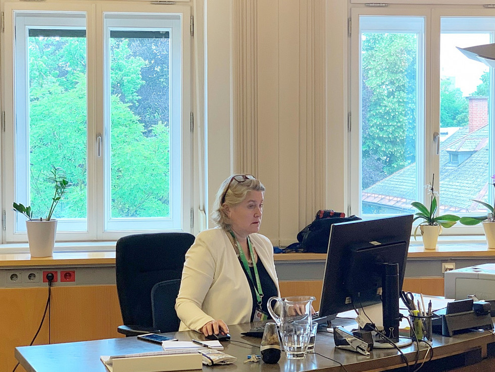 Acting Director-General Eva Tomič during the audio-video conference, sitting behind the computer