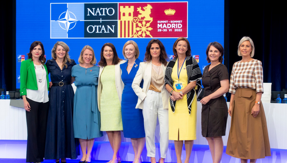 Women foreign and defence ministers from allied countries taking part in the roundtable discussion on Women, Peace and Security, group photo