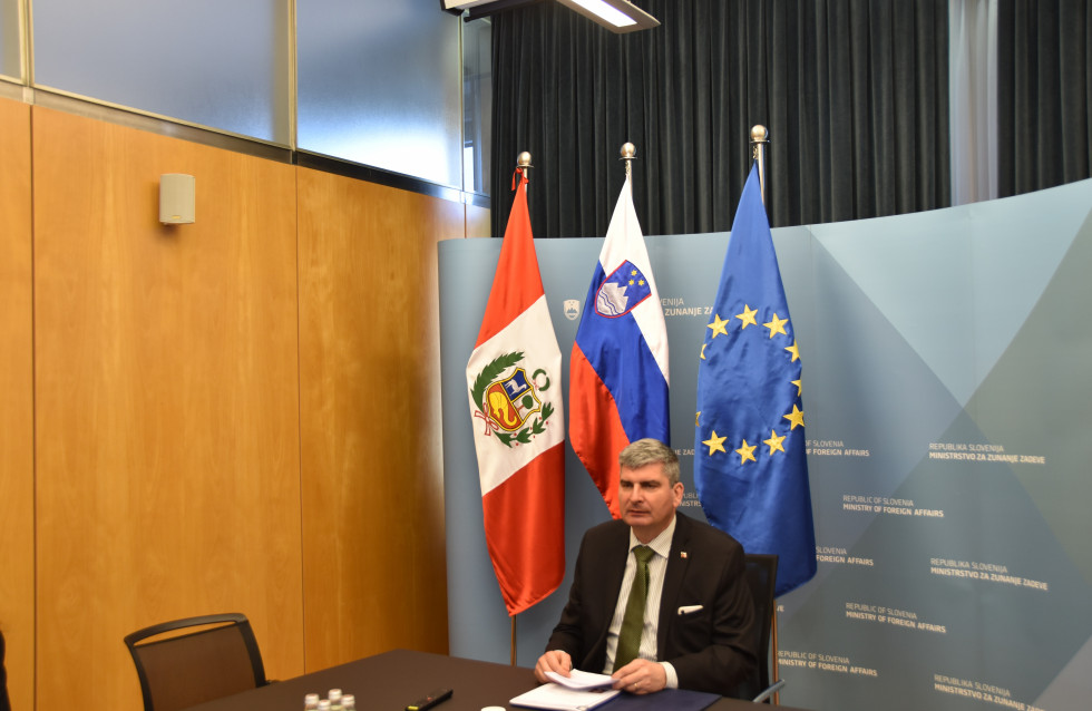 state secretary sitting at the table, behind are flags