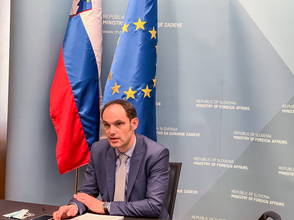 Minister Anže Logar during the audio-video conference 