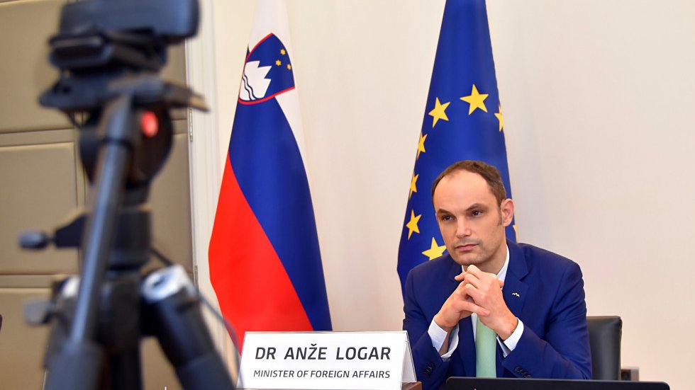 Foreign Minister Anže Logar during the video conference