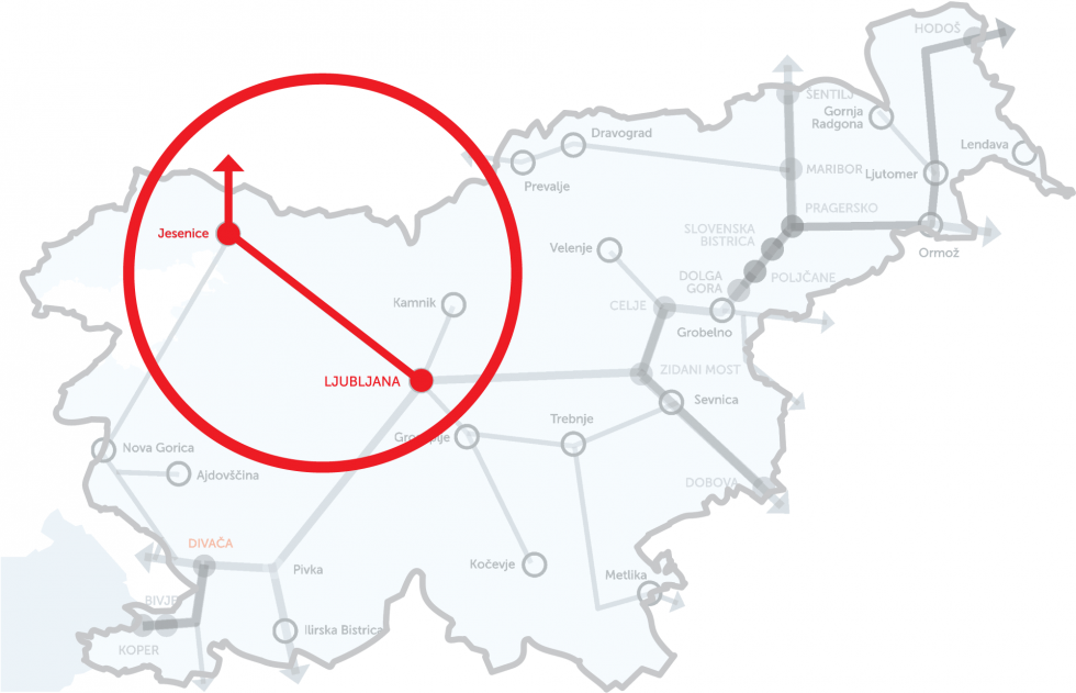 Železniška proga Ljubljana-Kranj-Jesenice označena na zemljevidu