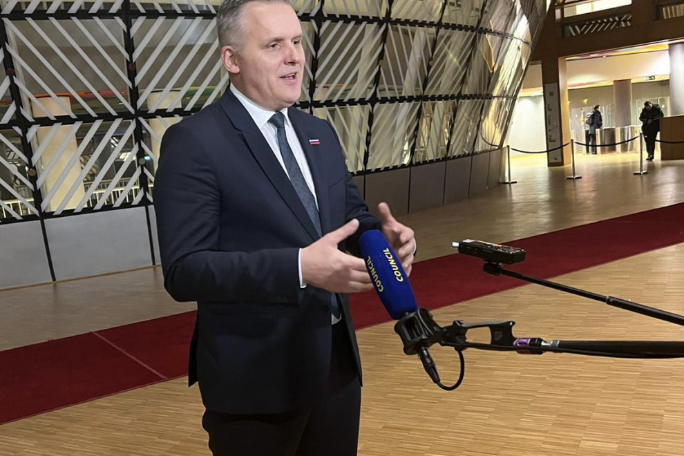 Minister Bojan Kumer during the press statement in Brussels