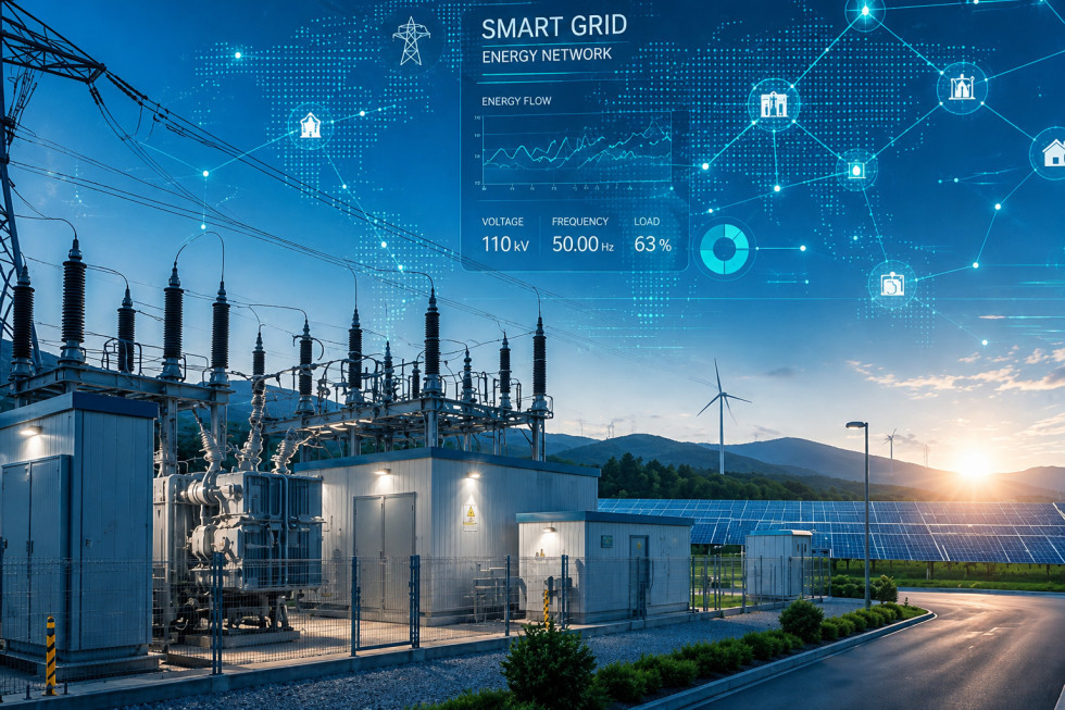 Sodobna industrijska stavba z grafičnim prikazom pametnega električnega omrežja (smart grid)