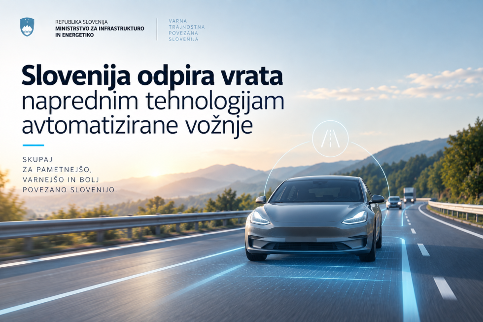 Infografika; napis: Slovenija odpira vrata naprednim tehnologijam avtomatizirane vožnje in slika avtomobila med vožnjo na cesti.