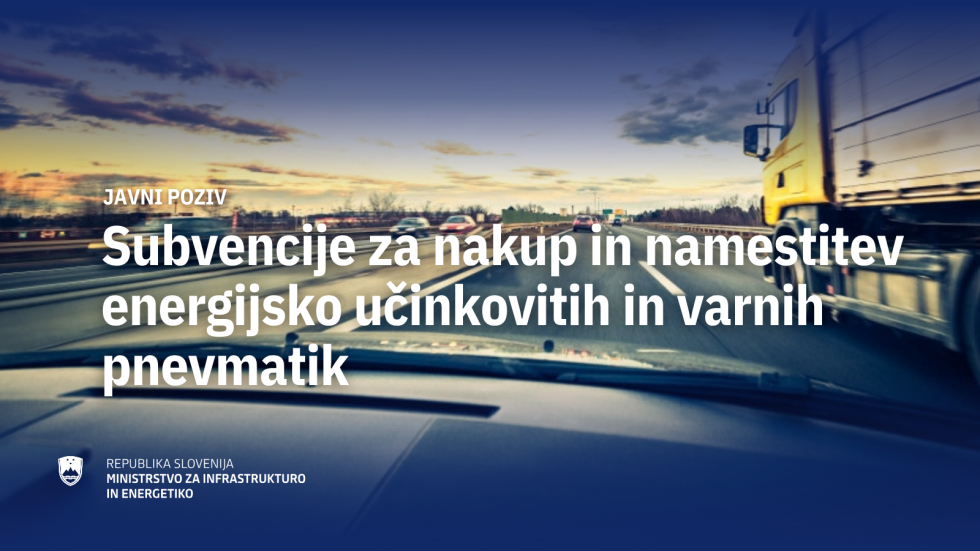 Spredni del avtomobila med vožnjo, na sliki napis Subvencije za nakup in namestitev energijsko učinkovitih in varnih pnevmatik