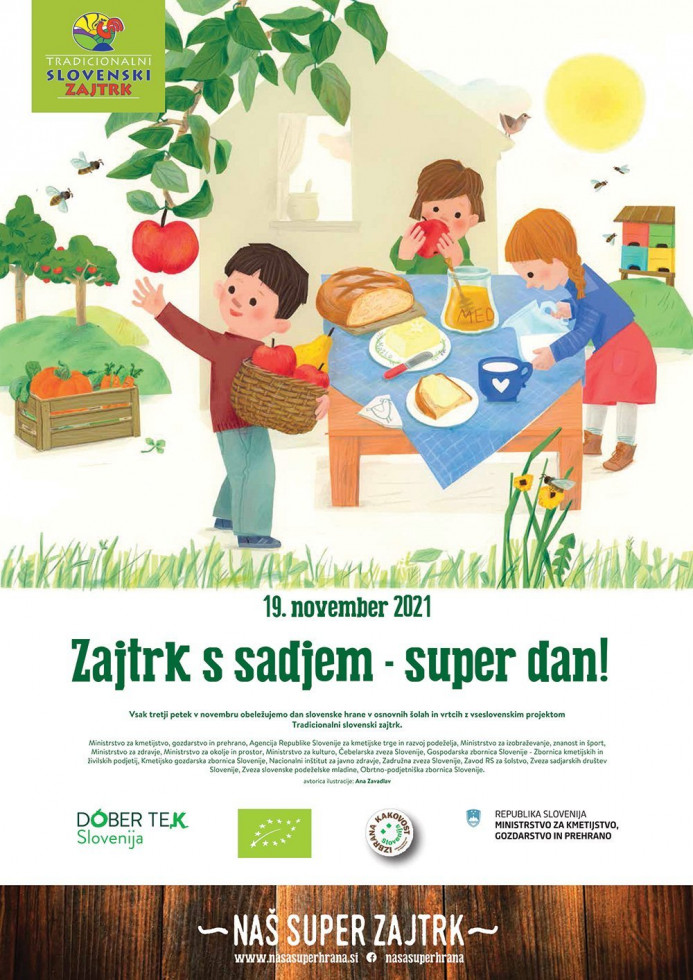 Na plakatu so narisani trije otroci med pripravo Tradicionalnega slovenskega zajtrka. Prvi deček nabira jabolka direktno iz jablane, drugi deček je v jabolko že ugriznil, deklica ravno naliva domače mleko v šalice.