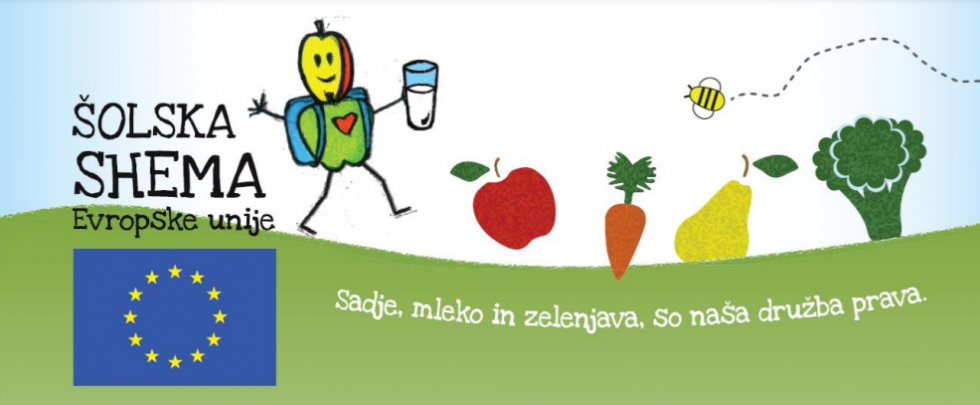 Logotip Šolske sheme prikazuje maskoto - možička iz jabolka, kateri drži v roki kozarec mleka. Na sliki je še različna zelenjava in sadje ter napis Šolska shema z zastavo Evropske unije