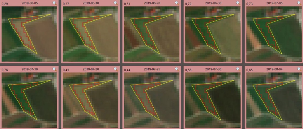 Prikaz košnje na posnetkih Sentinel 2 v naravni oziroma resnični barvni podobi.