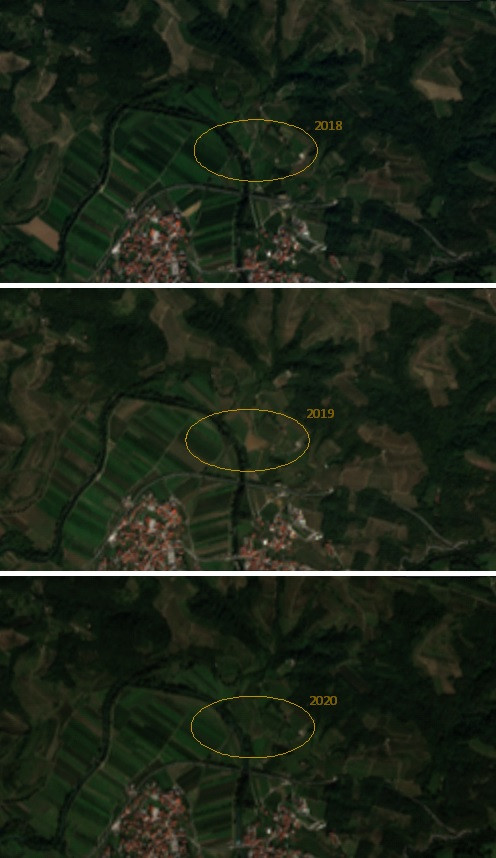 Satelitski posnetki spremembe vinograda med leti 2018, 2019 in 2020.