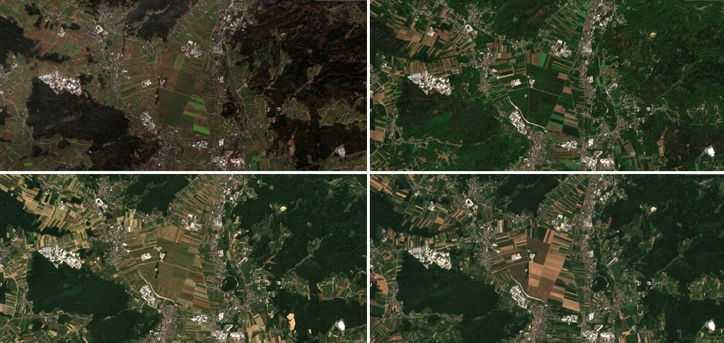 Na fotografiji so vidni štirje satelitski posnetki istega območja od zgodnje pomladi za pozne jeseni. Viden je naravni proces letnih časov.