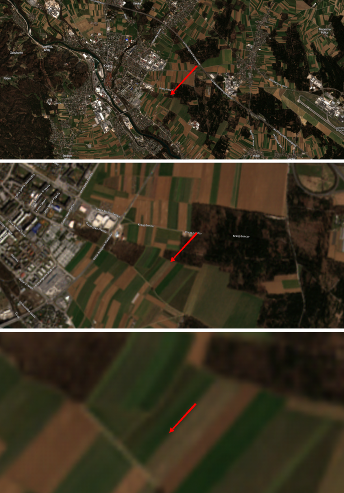 Območje Kranja posneto na dan 31. 3. 2021 s Sentinel-2A. Na posnetku je prikaz 10 metrske ločljivosti - če izbran odsek približamo, meje med njivami postanejo zamegljene.