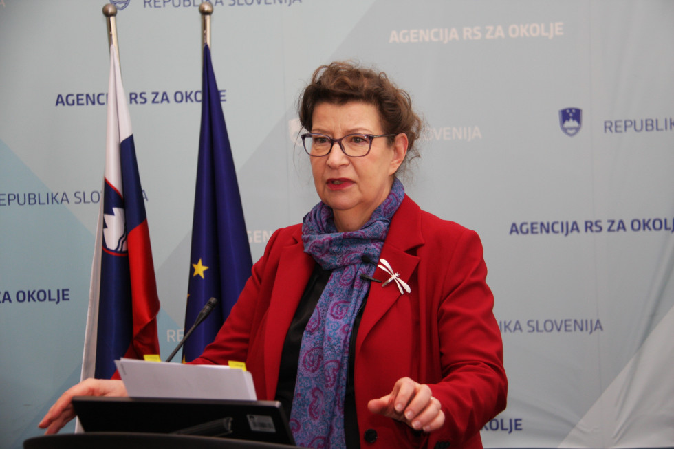 Leena Izvršna direktorica Evropske agencije za okolje stoji za govorniškim pultom. Zadaj slovenska in evropska zastava.