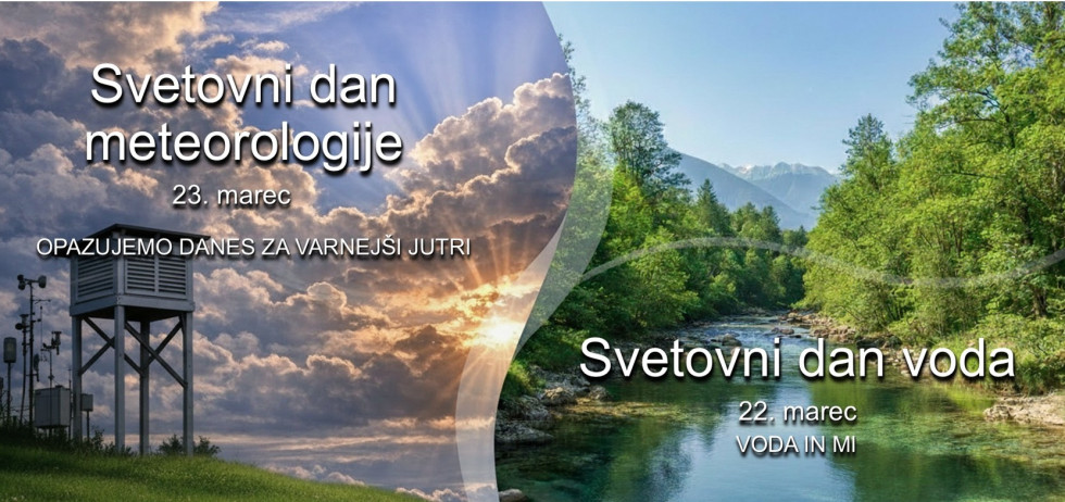 Naslovnica predstavitev. Polovica slike: Nebo z oblaki in soncem ter napis: Svetovni dan meteorologije. Druga polovica je reka in drevesa ob reki ter napis: svetovni dan voda.