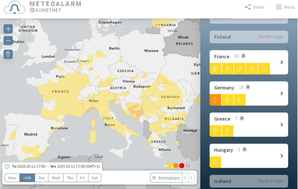 Izgled spletne aplikacije METEOALARM. Zemljevid Evrope. Nekatere države so obarvane z rumeno. 
