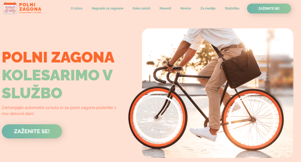 Slilka spletne strani Pobuda Polni zagona kolesarimo v službo kaže moškega kolesrja na kolesu