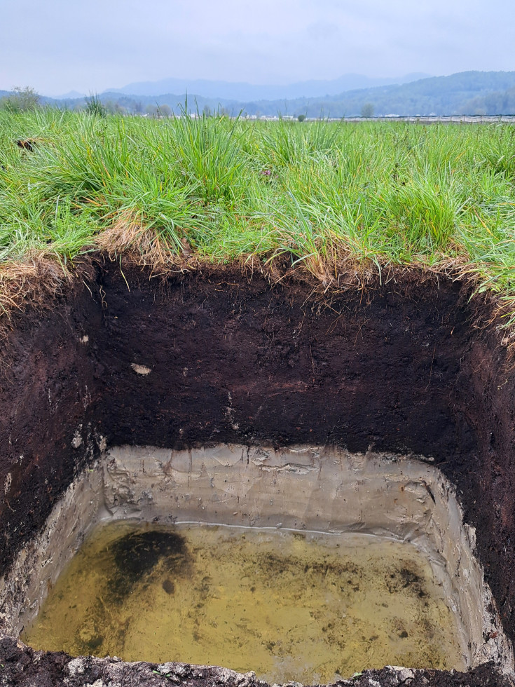 Plasti zemljine v izkopani jami delno zaliti z vodo