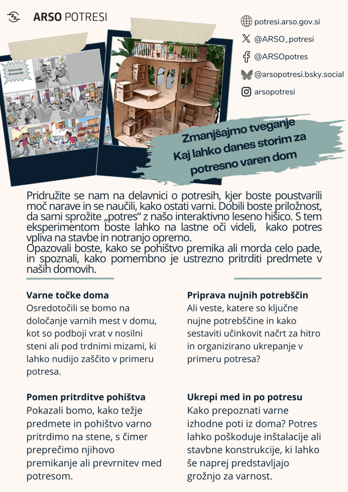 pis varnih točk doma, priprava nujnih potrebščin pred potresom ,  pomen pritrditve pohištva, ,ukrepi med in po potresu.