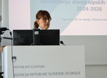 Govorka stoji za govorniškim pultom in predstavlja vsebino udeležencem strokovnega dogodka. V ozadju je viden predstavitveni zaslon z gradivom predstavitve.